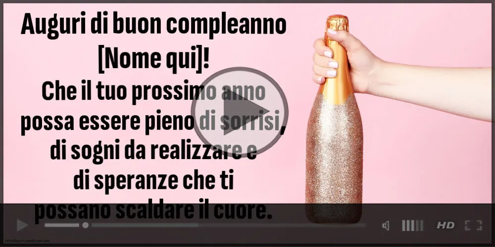 Video con champagne per donne con messaggio di buon compleanno personalizzato con nome | Cartoline musicali di compleanno